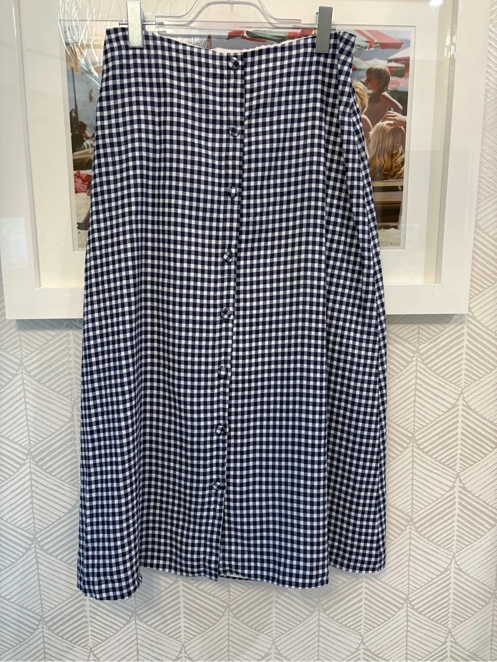 Reformation Navy and White Gingham Button-Front Midi Skirt